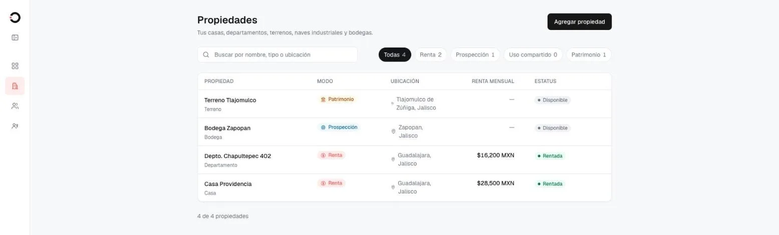 Lista de propiedades en Tero: cuatro propiedades con su modo, su ubicación, su renta mensual y su estado.